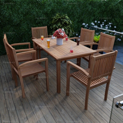 Outdoor Teak 7 Piece Dining Set With 6 Stacking Chairs And Rectangular Table - Easy, Quick Assembly - image 1