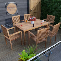 Outdoor Teak 7 Piece Dining Set With 6 Stacking Chairs And Rectangular Table - Easy, Quick Assembly - thumbnail 2