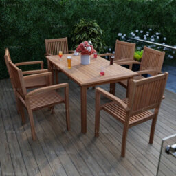 Outdoor Teak 7 Piece Dining Set With 6 Stacking Chairs And Rectangular Table - Easy, Quick Assembly - thumbnail 1
