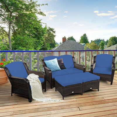 Costway 5Pcs Patio Furniture Set Garden Rattan Conversation Sofa Set W/cushion-Navy - image 1