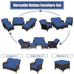 Costway 5Pcs Patio Furniture Set Garden Rattan Conversation Sofa Set W/cushion-Navy - thumbnail 8