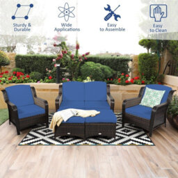 Costway 5Pcs Patio Furniture Set Garden Rattan Conversation Sofa Set W/cushion-Navy - thumbnail 7