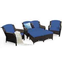 Costway 5Pcs Patio Furniture Set Garden Rattan Conversation Sofa Set W/cushion-Navy - thumbnail 4