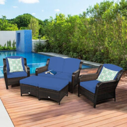 Costway 5Pcs Patio Furniture Set Garden Rattan Conversation Sofa Set W/cushion-Navy - thumbnail 6