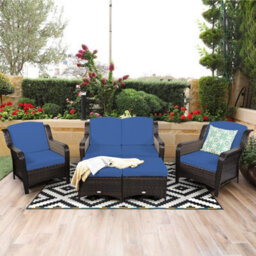 Costway 5Pcs Patio Furniture Set Garden Rattan Conversation Sofa Set W/cushion-Navy - thumbnail 3