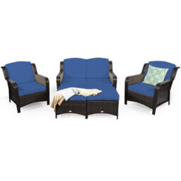 Costway 5Pcs Patio Furniture Set Garden Rattan Conversation Sofa Set W/cushion-Navy - thumbnail 5