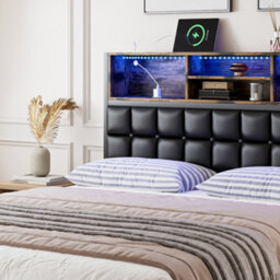 Abrihome Hydraulic Bed, Metal Bed, With Charging Port, 4Ft6 Double Bed 135X190Cm, Iron+Mdf, Black+Wood - thumbnail 6