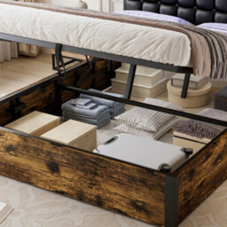 Abrihome Hydraulic Bed, Metal Bed, With Charging Port, 4Ft6 Double Bed 135X190Cm, Iron+Mdf, Black+Wood - thumbnail 9