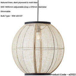 Loops Hanging Ceiling Pendant Light - Large Natural Linen Dark Plywood & Matt Black - 10W Led E27 - thumbnail 2