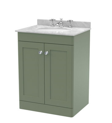 Balterley Swynnerton Traditional 2 Door Floor Standing Vanity Unit With Marble Basin, Satin Green, 600mm - image 1