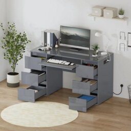 Grey Dressing Table High Gloss Vanity Makeup Pc Desk 6 Drawers Storage W Socket - thumbnail 3