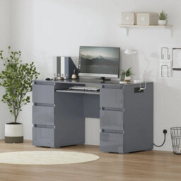 Grey Dressing Table High Gloss Vanity Makeup Pc Desk 6 Drawers Storage W Socket - thumbnail 1