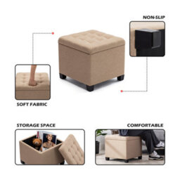 Hnnhome Pouffe Footstool Ottoman Storage Box,45Cm Cube Strong Wooden Frame Linen Seat Chair With Lids For Bedroom(Beige) - thumbnail 2