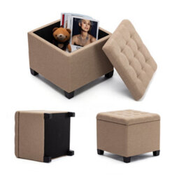 Hnnhome Pouffe Footstool Ottoman Storage Box,45Cm Cube Strong Wooden Frame Linen Seat Chair With Lids For Bedroom(Beige) - thumbnail 4