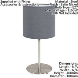 Set Of 2 Modern Table Desk Lamps With Satin Nickel Finish And Grey Fabric Shade - thumbnail 2