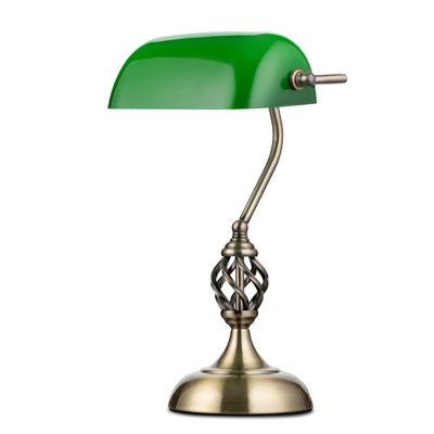 Lighting Supermarket Kingswood Barley Twist Traditional Bankers Lamp - Antique Brass - Green Glass Shade - image 1