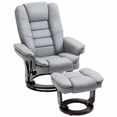 Grey Swivel Manual Recliner And Footrest Set Pu Leisure Lounge Chair With Wood Base - image 1