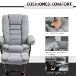 Grey Swivel Manual Recliner And Footrest Set Pu Leisure Lounge Chair With Wood Base - thumbnail 5