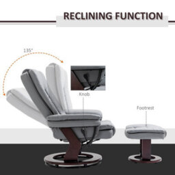 Grey Swivel Manual Recliner And Footrest Set Pu Leisure Lounge Chair With Wood Base - thumbnail 3