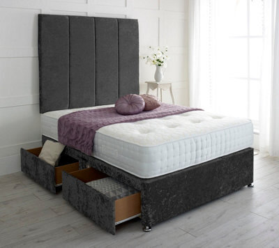 "Adore Designs Stafford Crushed Velvet Divan Bed, With Pocket Mattress & 36"" Headboard - 4Ft6 Double - Black - 2 Drawers Foot End"