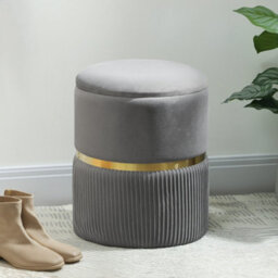 Wyld Haus Vami Velvet Grey Storage Ottoman With Gold Accent - Padded Round Footstool With Hidden Storage (36 X 36 X 44 Cm) - thumbnail 3