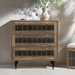 Home Stuff Plus Modern Brown 3-Drawer Chest Of Drawers With Metal Rail Accent, Iron Legs, And Templated Glass W73 X D40 X H78Cm - thumbnail 9