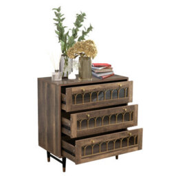 Home Stuff Plus Modern Brown 3-Drawer Chest Of Drawers With Metal Rail Accent, Iron Legs, And Templated Glass W73 X D40 X H78Cm