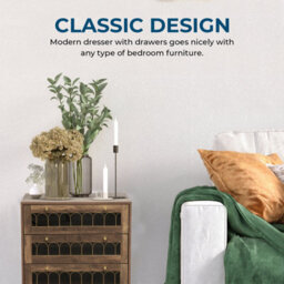 Home Stuff Plus Modern Brown 3-Drawer Chest Of Drawers With Metal Rail Accent, Iron Legs, And Templated Glass W73 X D40 X H78Cm - thumbnail 7