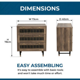 Home Stuff Plus Modern Brown 3-Drawer Chest Of Drawers With Metal Rail Accent, Iron Legs, And Templated Glass W73 X D40 X H78Cm - thumbnail 6