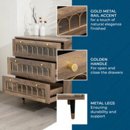 Home Stuff Plus Modern Brown 3-Drawer Chest Of Drawers With Metal Rail Accent, Iron Legs, And Templated Glass W73 X D40 X H78Cm - thumbnail 3