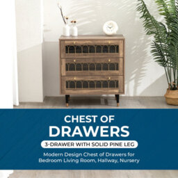 Home Stuff Plus Modern Brown 3-Drawer Chest Of Drawers With Metal Rail Accent, Iron Legs, And Templated Glass W73 X D40 X H78Cm - thumbnail 2
