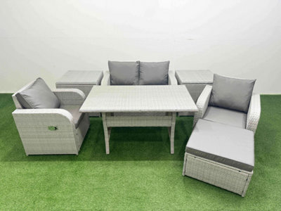 Fimous Light Grey Pe Wicker Rattan Garden Furniture Set Sofa Set Reclining Chair Dining Table 5 Seater Footstool 2 Side Table - image 1