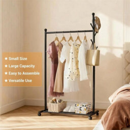 Black Metal Rolling Coat Rack With Hooks Portable Clothes Rack For Bedroom - thumbnail 6