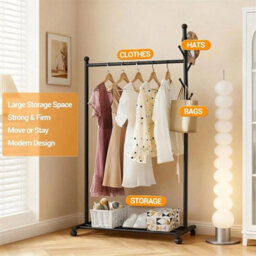Black Metal Rolling Coat Rack With Hooks Portable Clothes Rack For Bedroom - thumbnail 3