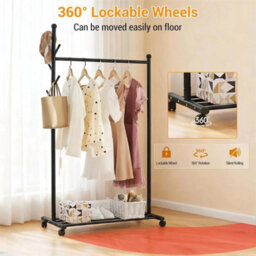 Black Metal Rolling Coat Rack With Hooks Portable Clothes Rack For Bedroom - thumbnail 5