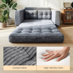 Dark Gray 2-In-1 Convertible Sofa Bed, Corded Fabric Loveseat Futon With High-Density Foam - thumbnail 3