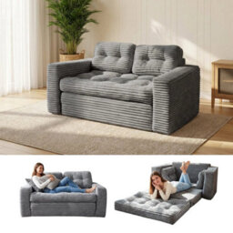 Dark Gray 2-In-1 Convertible Sofa Bed, Corded Fabric Loveseat Futon With High-Density Foam