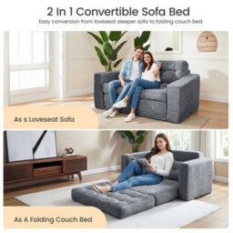 Dark Gray 2-In-1 Convertible Sofa Bed, Corded Fabric Loveseat Futon With High-Density Foam - thumbnail 5
