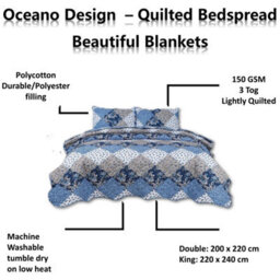 TheWhiteWater Limited Bedspread - Luxury Quilted - Reversible - Bed Throw Warm Quilt - Bedspread Patchwork Oceano Design Set 150 Gsm - 3 Tog - thumbnail 7