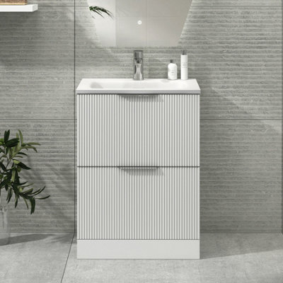 Royal Bathrooms Evora 600mm Matt White Fluted Floor Standing Bathroom Vanity Unit 2 Drawer Cabinet Storage With Stone Basin Sink - 1 Tap Hole - image 1