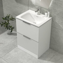 Royal Bathrooms Evora 600mm Matt White Fluted Floor Standing Bathroom Vanity Unit 2 Drawer Cabinet Storage With Stone Basin Sink - 1 Tap Hole - thumbnail 4