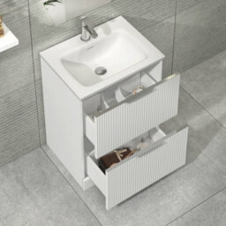 Royal Bathrooms Evora 600mm Matt White Fluted Floor Standing Bathroom Vanity Unit 2 Drawer Cabinet Storage With Stone Basin Sink - 1 Tap Hole - thumbnail 3
