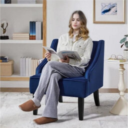 Modern Armchair Velvet Accent Chair With Rubberwood Legs For Living Room Blue - thumbnail 6