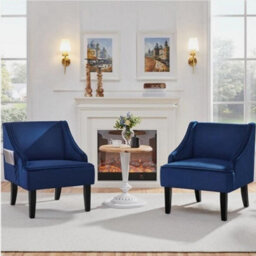 Modern Armchair Velvet Accent Chair With Rubberwood Legs For Living Room Blue