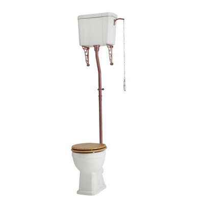 Homestylestore High Level Cistern Toilet And Brushed Copper Flush Kit And Warm Oak Seat - image 1