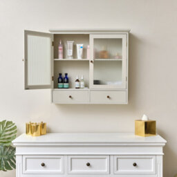 Melody Maison Pale Grey-Taupe Reeded Glass Wall Cabinet With Drawers - thumbnail 3