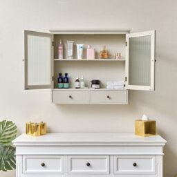 Melody Maison Pale Grey-Taupe Reeded Glass Wall Cabinet With Drawers - thumbnail 4