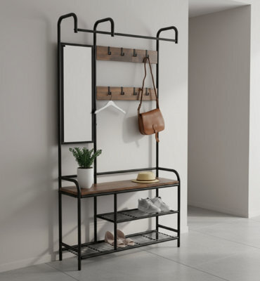 Modcraft Entryway Coat Hanger Stand With Shoe Bench & Mirror Black Rustic Oak Hallway Storage Unit - image 1