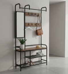 Modcraft Entryway Coat Hanger Stand With Shoe Bench & Mirror Black Rustic Oak Hallway Storage Unit
