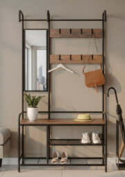 Modcraft Entryway Coat Hanger Stand With Shoe Bench & Mirror Black Rustic Oak Hallway Storage Unit - thumbnail 2